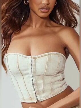 PrettyLittleThing Washed‎ Stone Denim Corset Top Hook & Eye Beige US 0 NWT